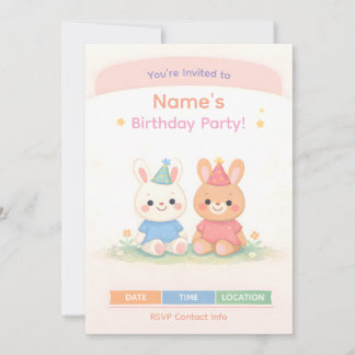 Cute Bunny Birthday Invitation | Pastel Kids Birth Kaart