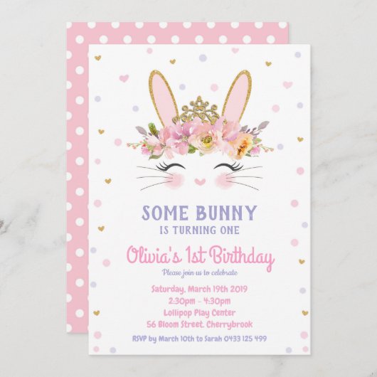 Cute Bunny Birthday Invitations Girls Rabbit Kaart (Voorkant / Achterkant)