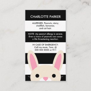 Cute Bunny Black Stripes Kinder Allergy Card Contactkaartje