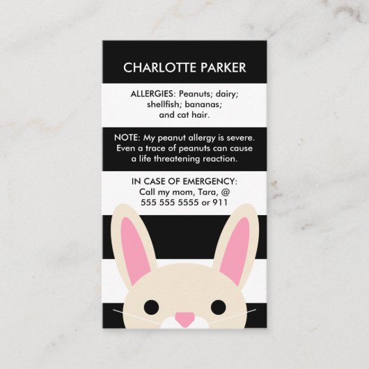 Cute Bunny Black Stripes Kinder Allergy Card Contactkaartje (Voorkant)