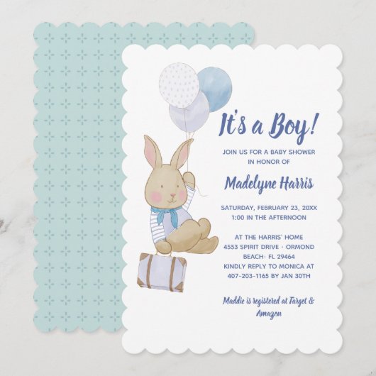 Cute Bunny Blue Balloons zijn een Baby shower Kaart (Voorkant / Achterkant)