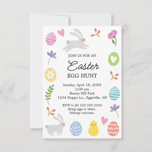 Cute Bunny Border Easter Invitation Egg Hunt Kaart (Voorkant)