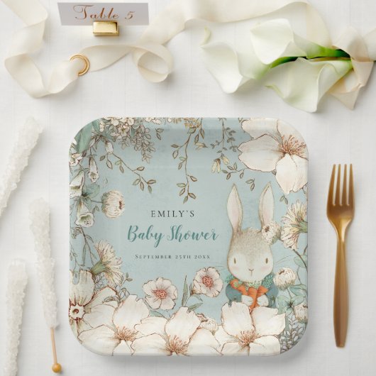 Cute Bunny Botanical Powder Blue Baby shower Papieren Bordje (Huwelijk)