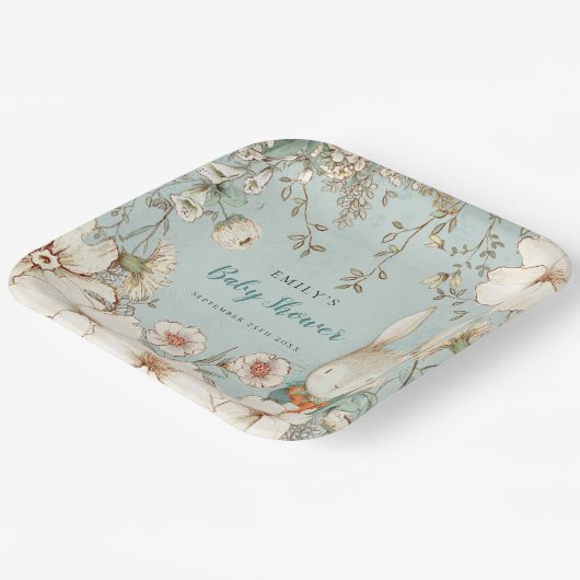 Cute Bunny Botanical Powder Blue Baby shower Papieren Bordje (Gebogen)