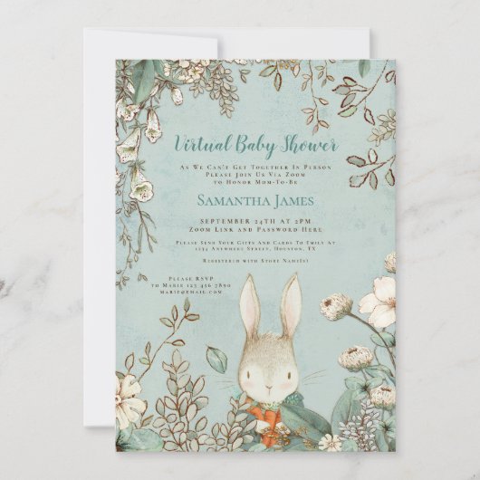 Cute Bunny  Botanical Virtual Baby shower Kaart (Voorkant)
