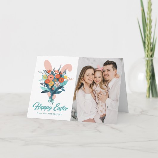 Cute Bunny Bouquet Paasfoto Feestdagen Kaart (Voorkant)