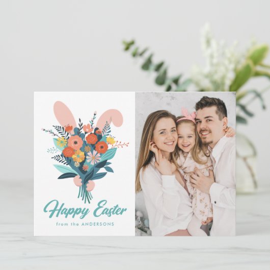 Cute Bunny Bouquet Paasfoto Feestdagenkaart (Staand voorkant)