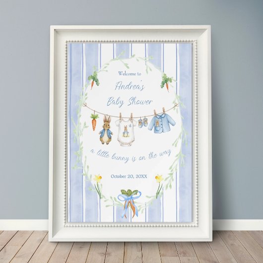 Cute Bunny Boy Clothesline Baby Shower Welcome Poster