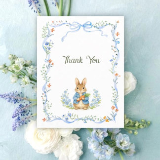 Cute Bunny Boy Floral Blue Bow Baby Shower Bedankkaart