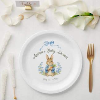 Cute Bunny Boy Floral Blue Bow Baby Shower  Papieren Bordje