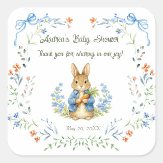 Cute Bunny Boy Floral Blue Bow Baby Shower Thanks Vierkante Sticker