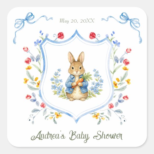 Cute Bunny Boy Floral Blue Bow Baby Shower Vierkante Sticker (Voorkant)