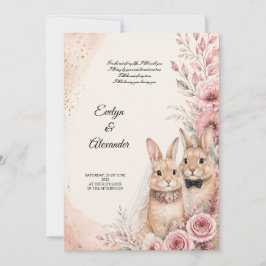 Cute Bunny Bruid en Bruidegom Roze Bloemen Gouden  Kaart