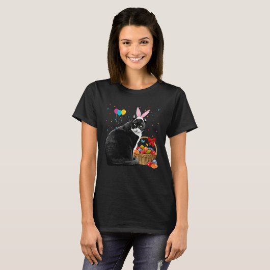 Cute Bunny Cat With Easter Egg Basket Happy Easter T-shirt (Voorkant volledig)