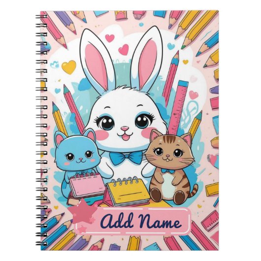 Cute Bunny & Cats Notitieboek – Bewerkbare Naam (Voorkant)