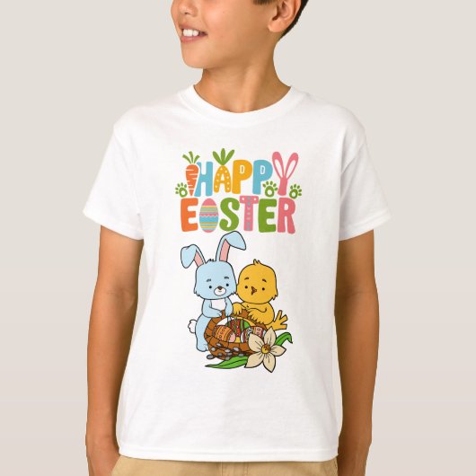 Cute Bunny & Chick "Happy Easter" Kids T-Shirt (Voorkant)