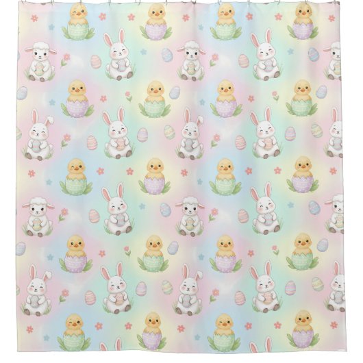 Cute Bunny Chick & Lamb Easter Pattern Douchegordijn (Voorkant)