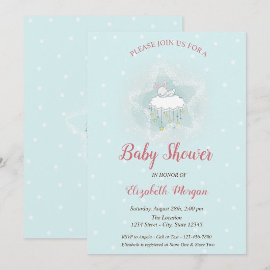 Cute Bunny, Cloud, Stars Blue Stippen Baby shower Kaart (Voorkant / Achterkant)