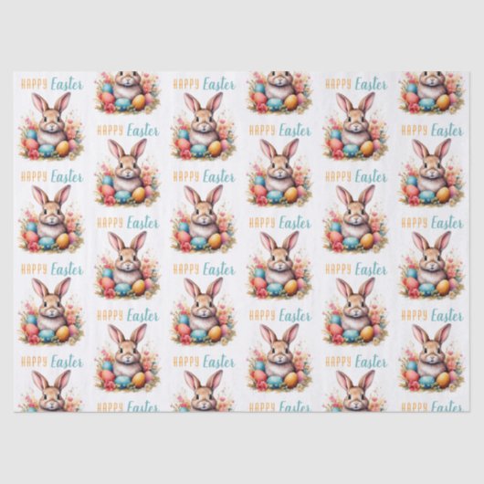 Cute Bunny Colorful Eggs Flowers Happy Easter Tissuepapier (Voorkant)