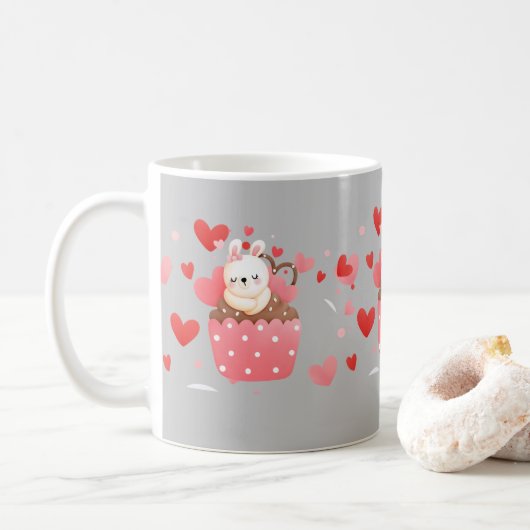 Cute bunny cupcake harten koffiemok (Met donut)
