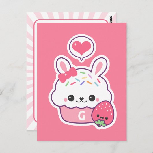 Cute Bunny Cupcake Monogram Briefkaart (Voorkant / Achterkant)