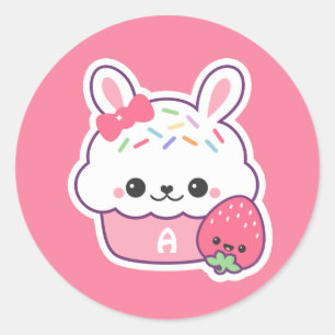 Cute Bunny Cupcake Monogram Ronde Sticker