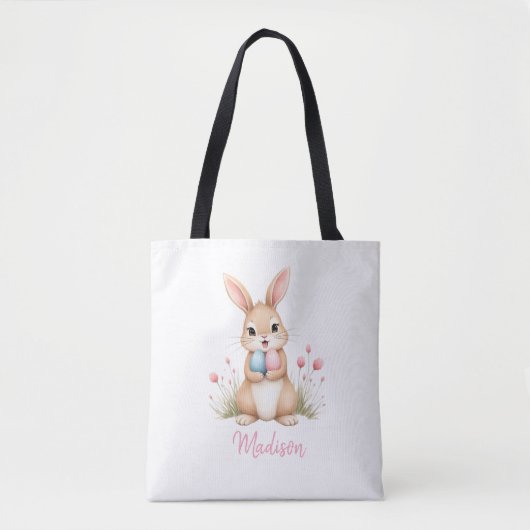 Cute bunny, custom name Easter egg hunt tote bag. Bag (Voorkant)
