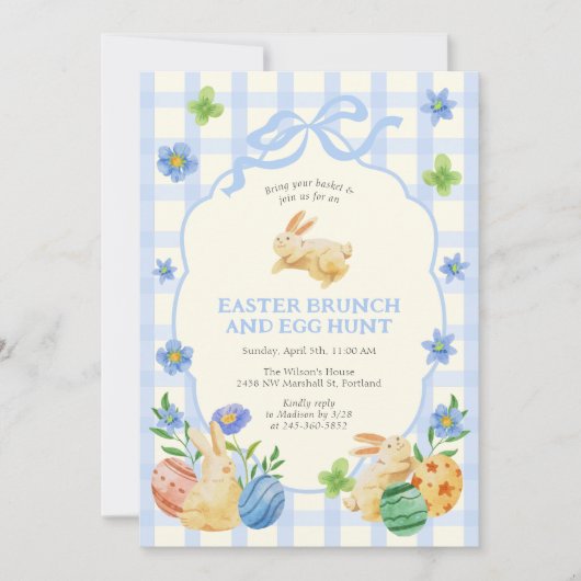 Cute Bunny Easter Brunch & Egg Hunt Blue Checkered Kaart (Voorkant)