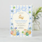 Cute Bunny Easter Brunch & Egg Hunt Blue Checkered Kaart (Staand voorkant)