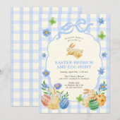 Cute Bunny Easter Brunch & Egg Hunt Blue Checkered Kaart (Voorkant / Achterkant)