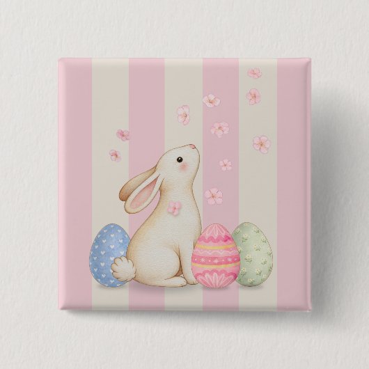 Cute Bunny Easter Eggs and Pink Stripes Button (Voorkant)
