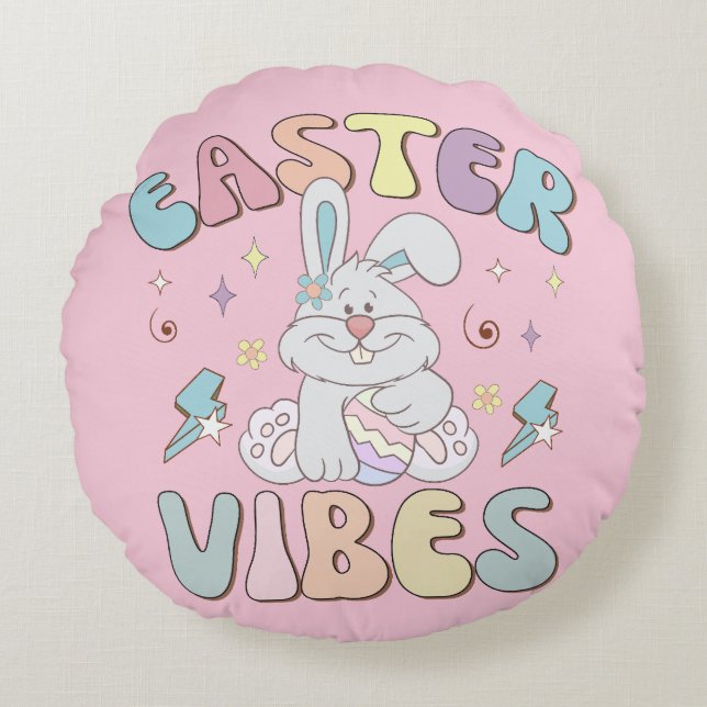 Cute Bunny Easter Vibes Pastel Spring Rond Kussen (Voorkant)
