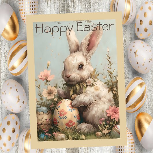 Cute Bunny Eggs Flowers Easter  Feestdagenkaart