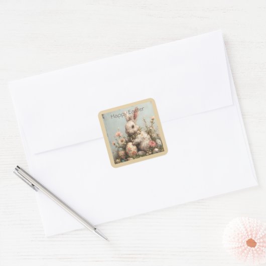 Cute Bunny Eggs Flowers Easter Vierkante Sticker (Envelop)