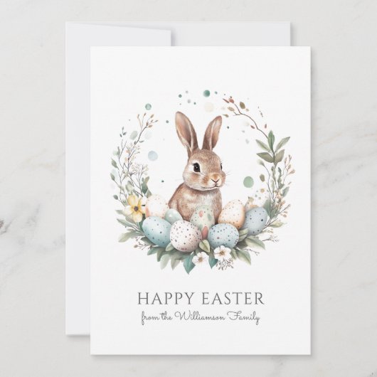 Cute Bunny Eggs Garland Wreath Personalized Easter Feestdagenkaart (Voorkant)