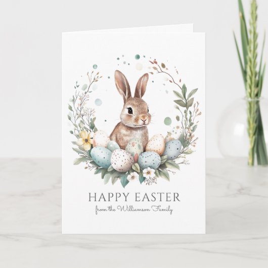 Cute Bunny-eieren Slinger Krans Persoonlijke Pasen Kaart (Voorkant)