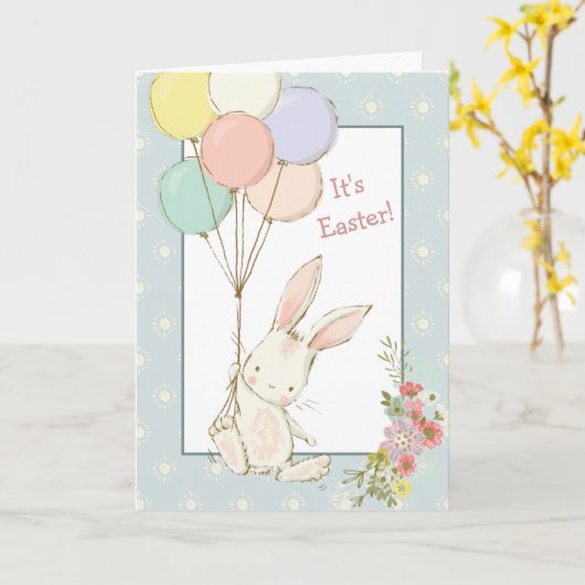 Cute Bunny en ballonnen Pasen kaart (Gele Bloem)