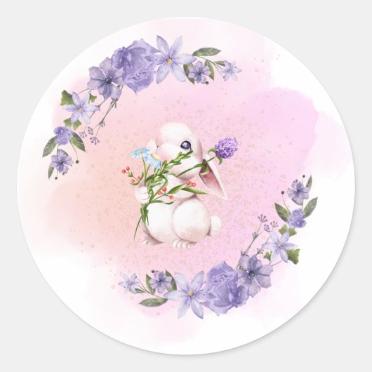 Cute Bunny en Flowers Ronde Sticker (Voorkant)
