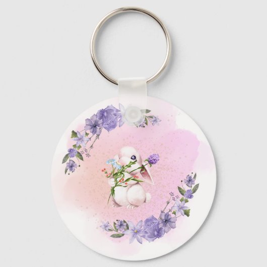 Cute Bunny en Flowers Sleutelhanger (Voorkant)