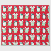 CUTE BUNNY EN PENGUIN RED CHRISTMAS GIFT WRAPPING CADEAUPAPIER (Vlak)