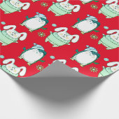 CUTE BUNNY EN PENGUIN RED CHRISTMAS GIFT WRAPPING CADEAUPAPIER (Hoek)