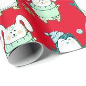 CUTE BUNNY EN PENGUIN RED CHRISTMAS GIFT WRAPPING CADEAUPAPIER (Rol Hoek)