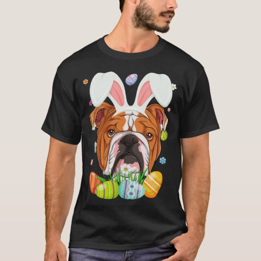 Cute Bunny English Bulldog Dog Head & Easter Egg E T-shirt (Voorkant)