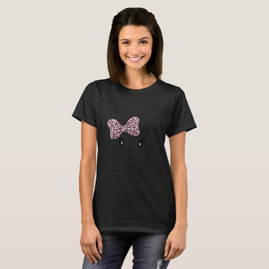 Cute Bunny Face Leopard Bow Stropdas Paasdag Girls T-shirt (Voorkant volledig)