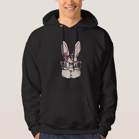 Cute Bunny Face Pink Leopard Glasses Bow Stropdas Hoodie (Voorkant)