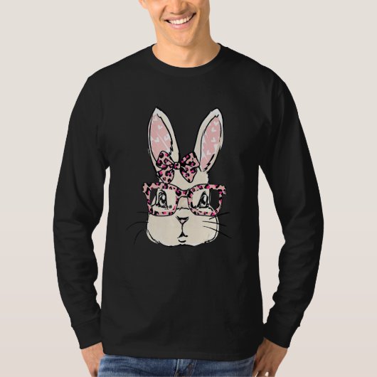 Cute Bunny Face Pink Leopard Glasses Bow Stropdas T-shirt (Voorkant)