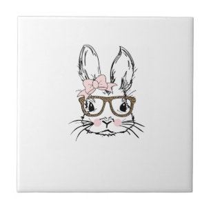 Cute Bunny Face T-shirt Luipaardprint Bril OOSTEN Tegeltje