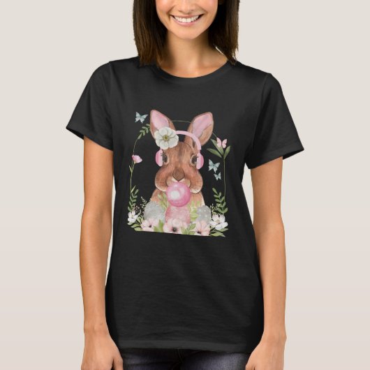 Cute Bunny Face With Bubblegum And Headphones East T-shirt (Voorkant)