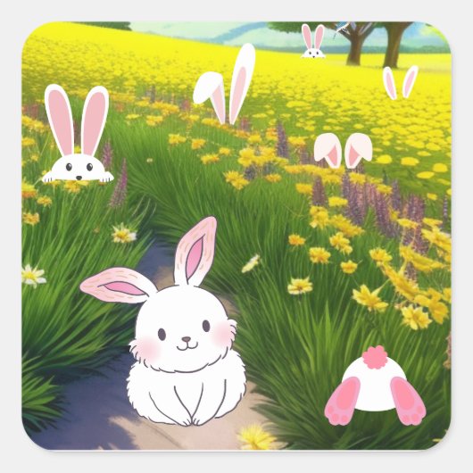 Cute Bunny Field Vierkante Sticker (Voorkant)