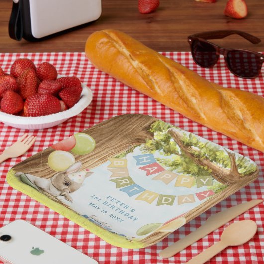 Cute Bunny First Birthday Papieren Bordje (Picknick)